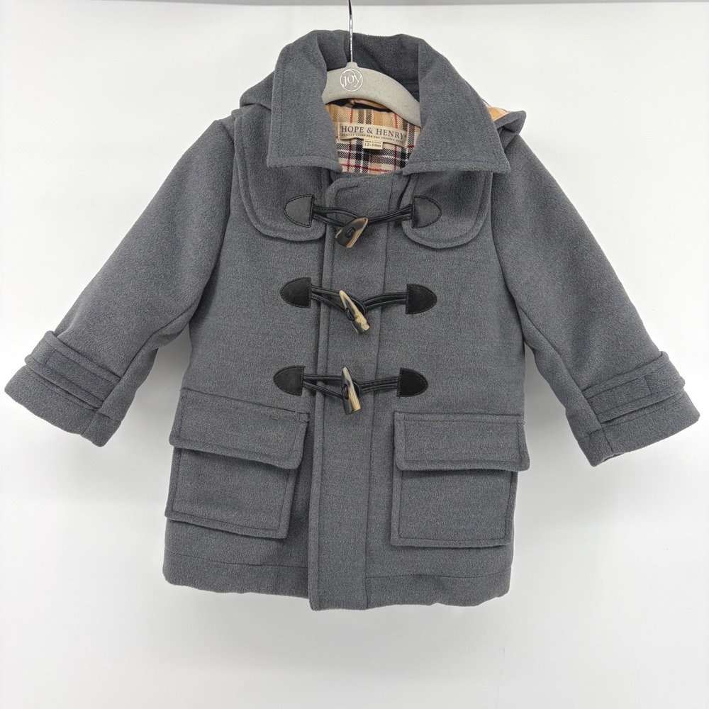 Hope & Henry Boy Gray Toggle Duffle Coat Hooded Plaid Lined Winter Jacket 12-18M